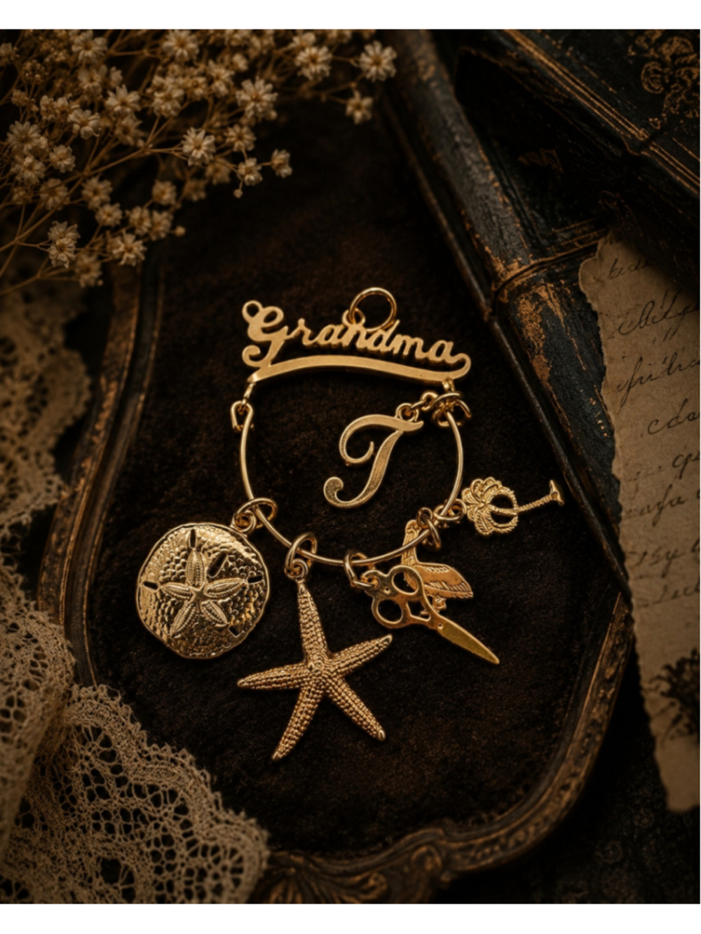 Vintage Grandma T Initial Charm Pendant Gold Tone Starfish Sand Dollar Scissors